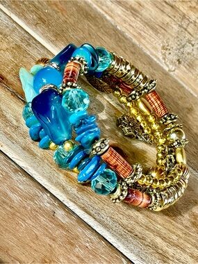 Boho Blue & Gold Beaded Coil Bracelet by Elegantique